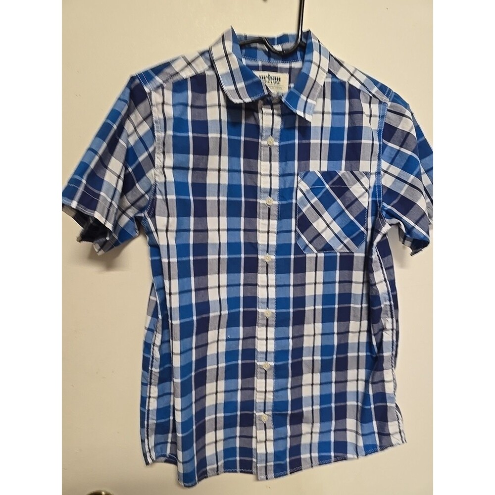 Urban Pipeline Short Sleeve Snap Button Up BLUE/BLUE Plaid Shirt XL BOYS